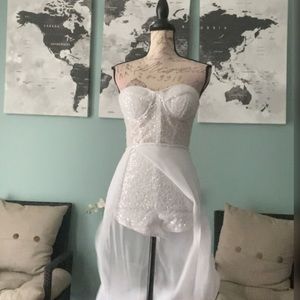 NWT white beaded romper dress with asymmetrical sheer overskirt train XS